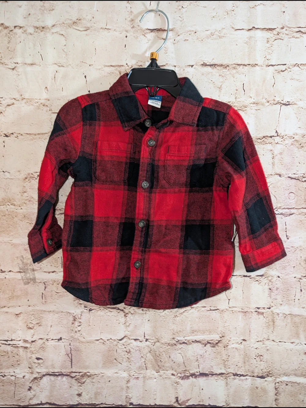 ~Old navy boys sz 12-18 months buffalo plaid button down shirt flannel red black